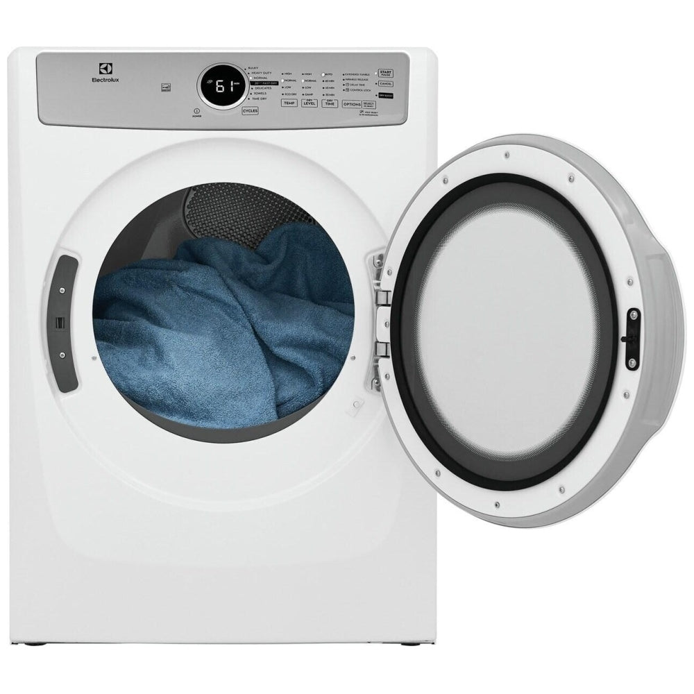 Electrolux ELFE733CAW 8.0 cu. ft. electric dryer with energy-efficient performance, advanced drying technology, and sleek white design for modern laundry room