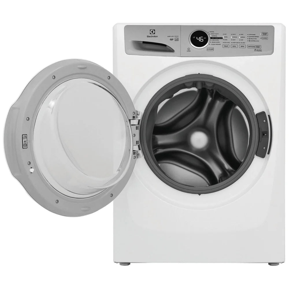 Electrolux ELFW7337AW 4.4 cu. ft. front-load washer with 1,100 RPM spin speed, multiple wash cycles, energy-efficient design, and stackable installation option