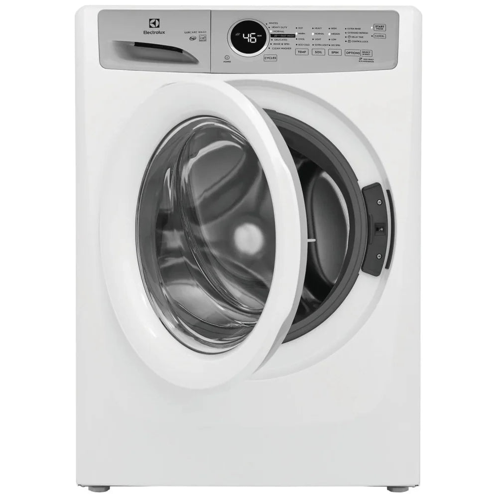 Electrolux ELFW7337AW 4.4 cu. ft. front-load washer with 1,100 RPM spin speed, multiple wash cycles, energy-efficient design, and stackable installation option