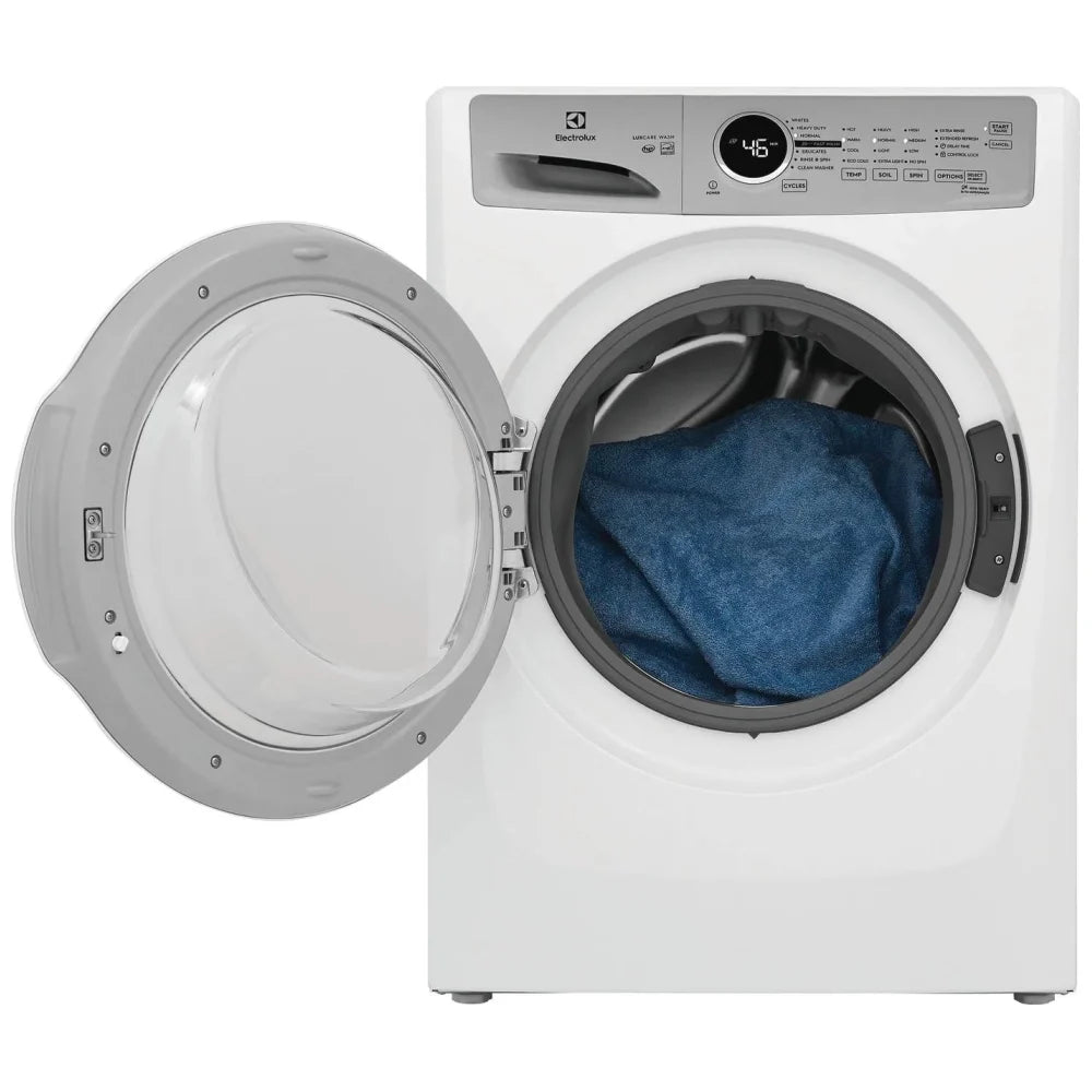 Electrolux ELFW7337AW 4.4 cu. ft. front-load washer with 1,100 RPM spin speed, multiple wash cycles, energy-efficient design, and stackable installation option