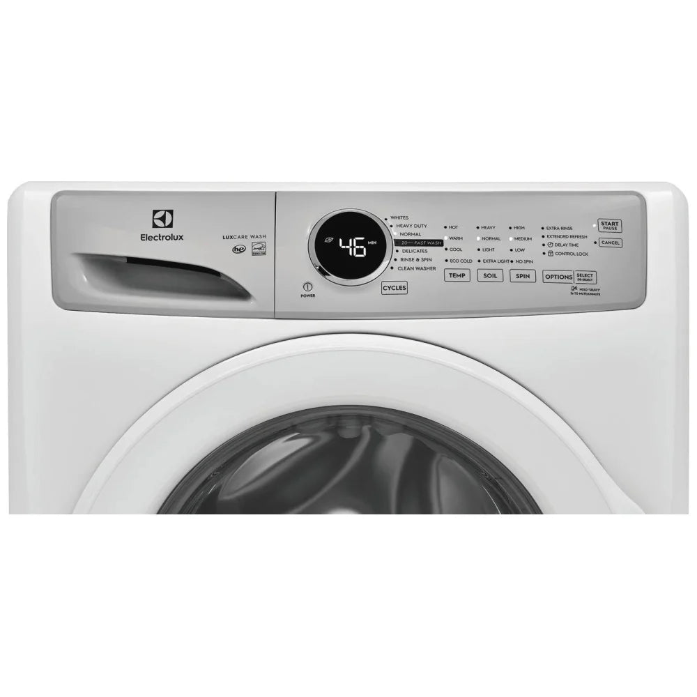 Electrolux ELFW7337AW 4.4 cu. ft. front-load washer with 1,100 RPM spin speed, multiple wash cycles, energy-efficient design, and stackable installation option