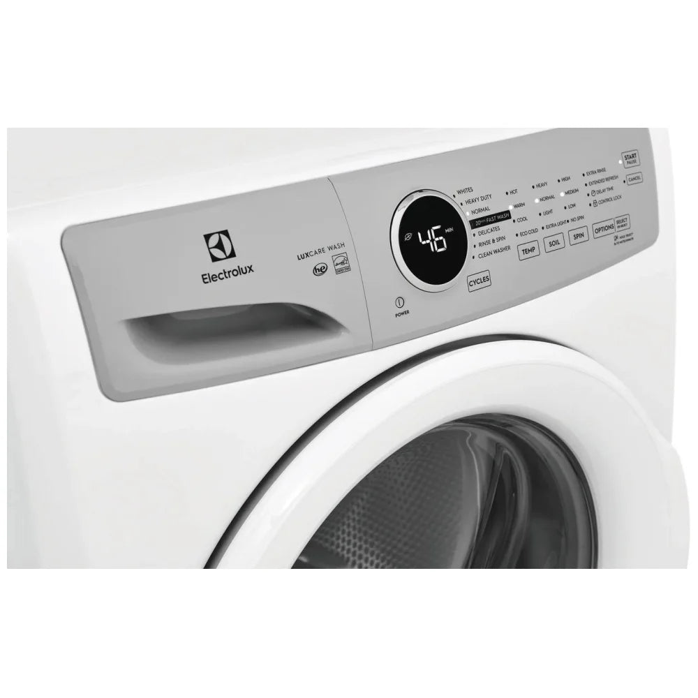 Electrolux ELFW7337AW 4.4 cu. ft. front-load washer with 1,100 RPM spin speed, multiple wash cycles, energy-efficient design, and stackable installation option