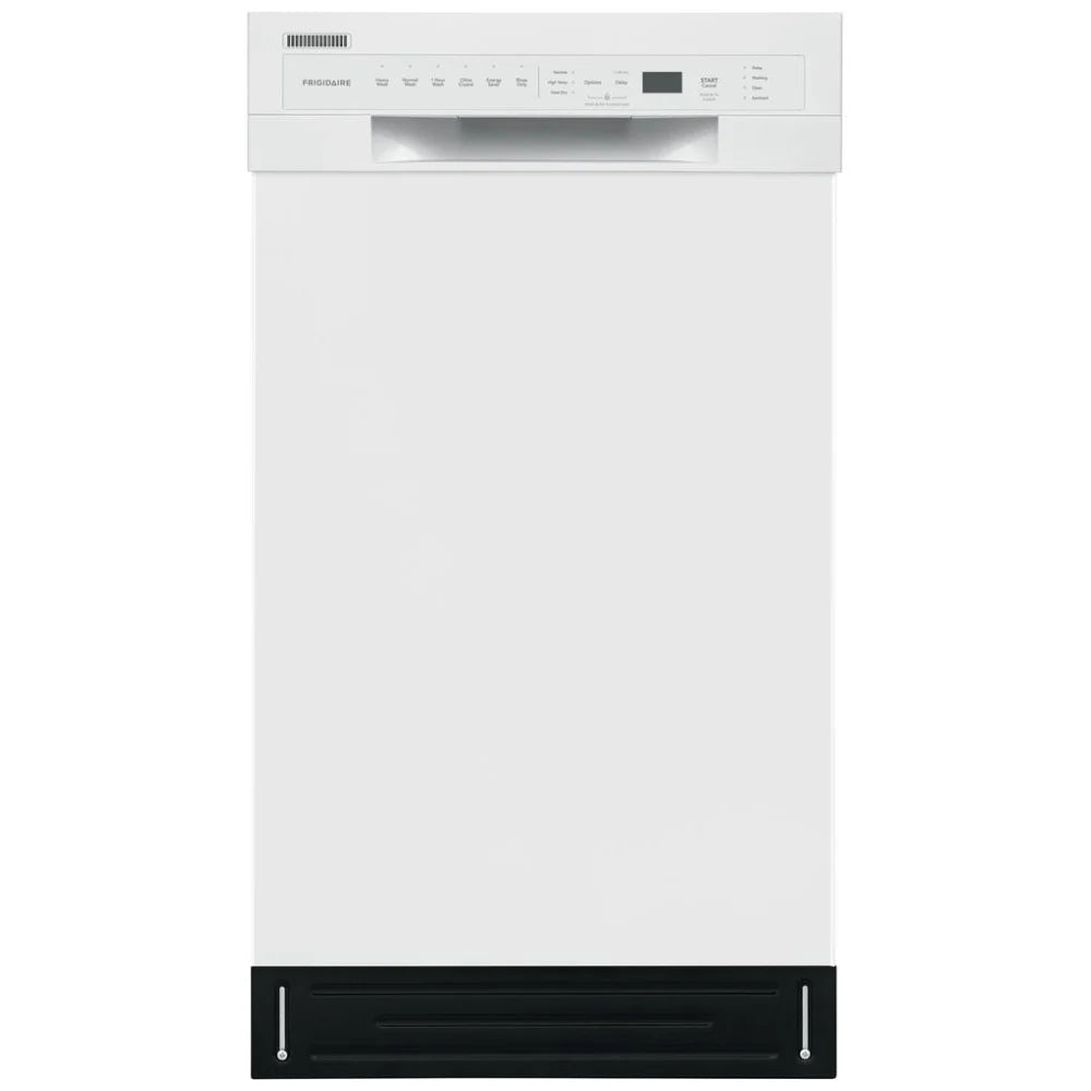 Frigidaire FFBD1831UW 18-inch dishwasher with stainless steel interior, 52 dB noise level, 8 place settings capacity, white exterior, and 4 wash cycles