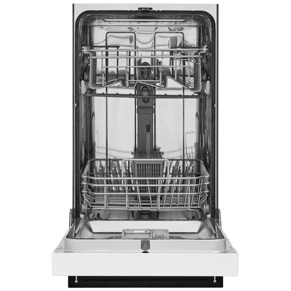 Frigidaire FFBD1831UW 18-inch dishwasher with stainless steel interior, 52 dB noise level, 8 place settings capacity, white exterior, and 4 wash cycles