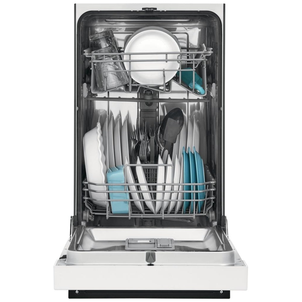 Frigidaire FFBD1831UW 18-inch dishwasher with stainless steel interior, 52 dB noise level, 8 place settings capacity, white exterior, and 4 wash cycles