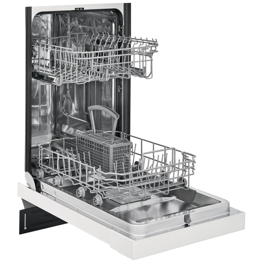 Frigidaire FFBD1831UW 18-inch dishwasher with stainless steel interior, 52 dB noise level, 8 place settings capacity, white exterior, and 4 wash cycles