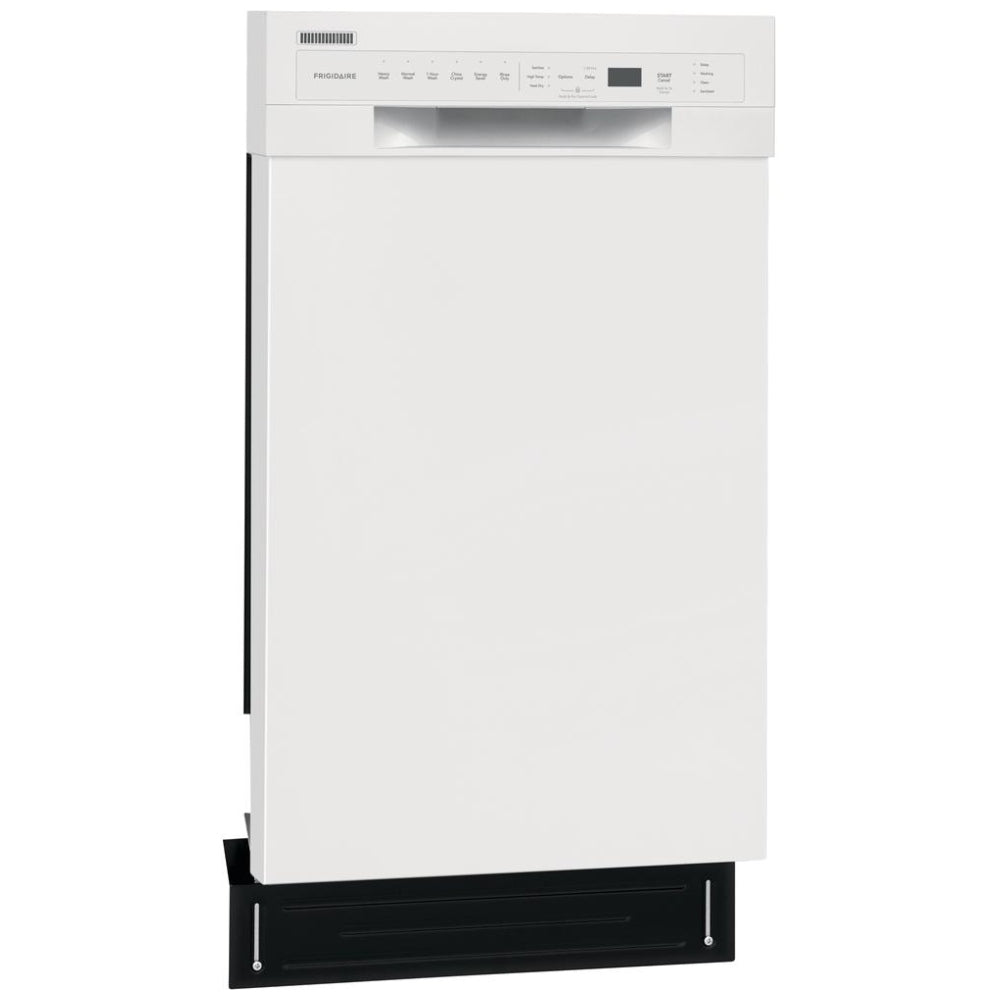 Frigidaire FFBD1831UW 18-inch dishwasher with stainless steel interior, 52 dB noise level, 8 place settings capacity, white exterior, and 4 wash cycles