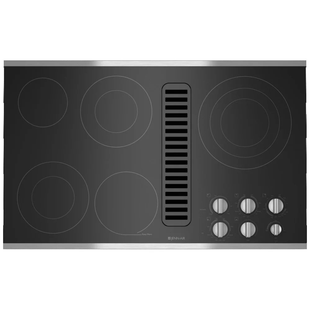 Top view of the Jenn-Air JED3536WS electric cooktop showcasing the smooth surface and burner layout.