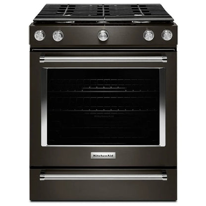 KitchenAid 30 Inch Slide-in Gas Range With Front Controls And Convection KSGG700EBS