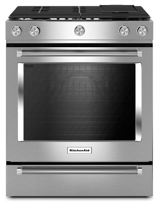 KitchenAid 30 Inch 5 Burner Front Control Gas Convection Range With Baking Drawer KSGB900ESS